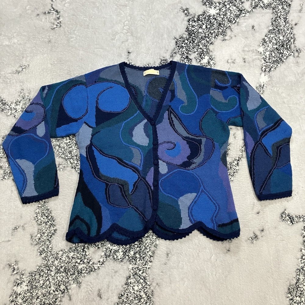 MNAY Alpaca Cardigan Womens Large Blue Textured Abstract Knit Button Front